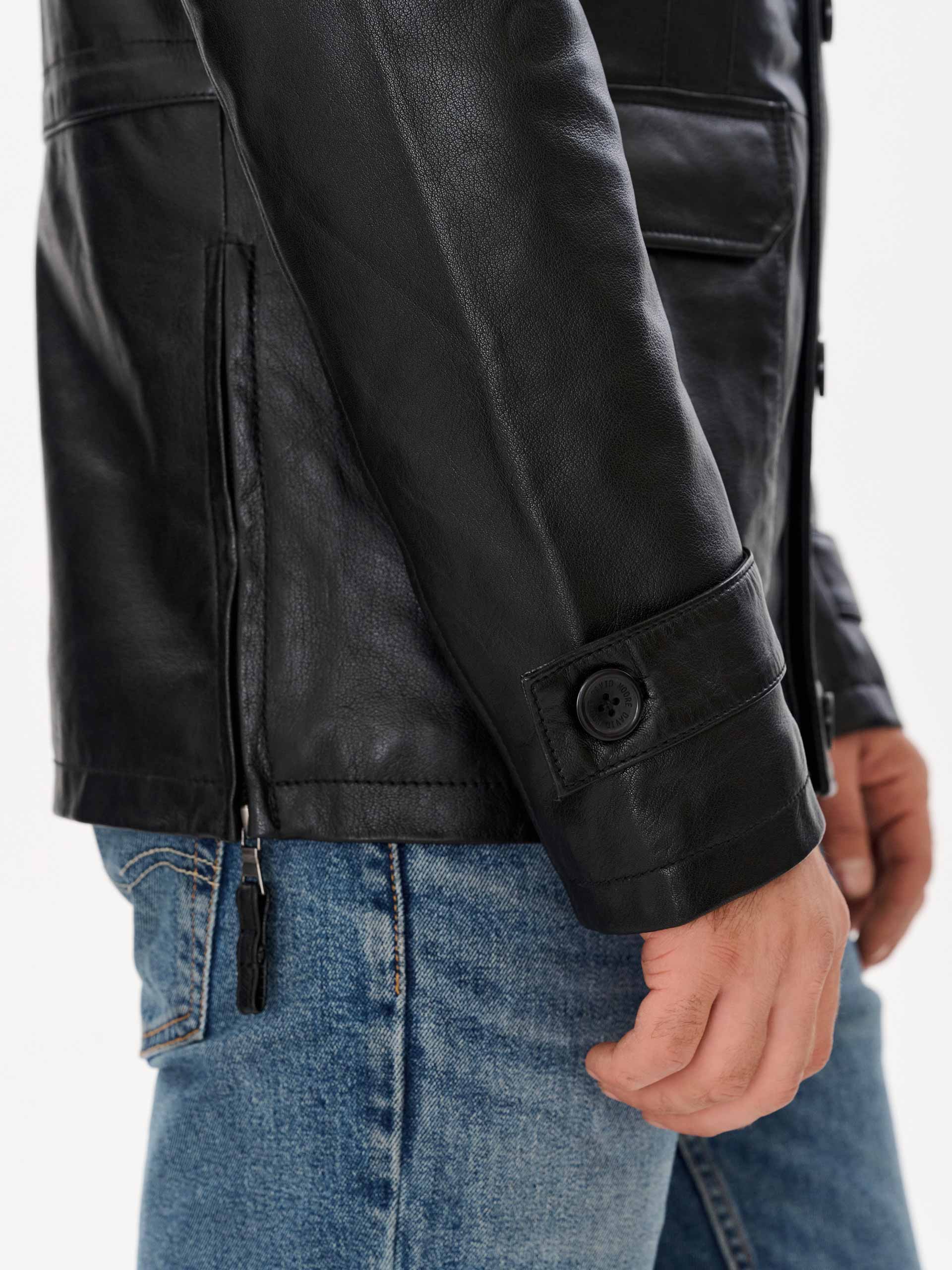 Men's long military black leather jacket side view – DM Legend