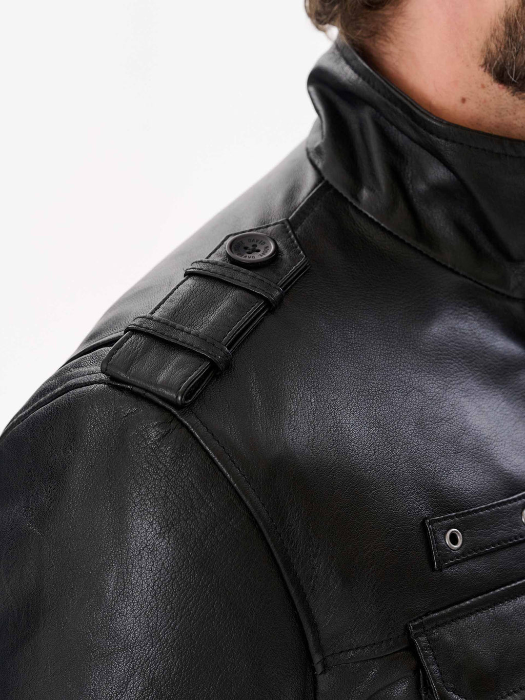 Black military jacket stand collar close up – DM Legend