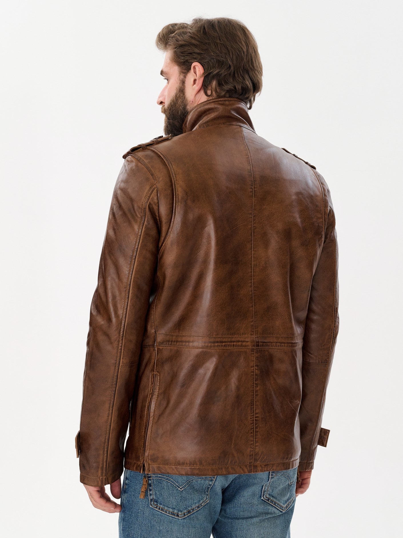 Men's long military brown leather jacket back view – DM Legend