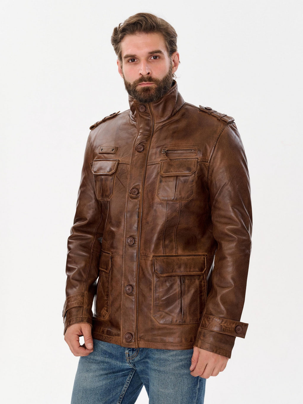 Men's long military brown leather jacket side view – DM Legend