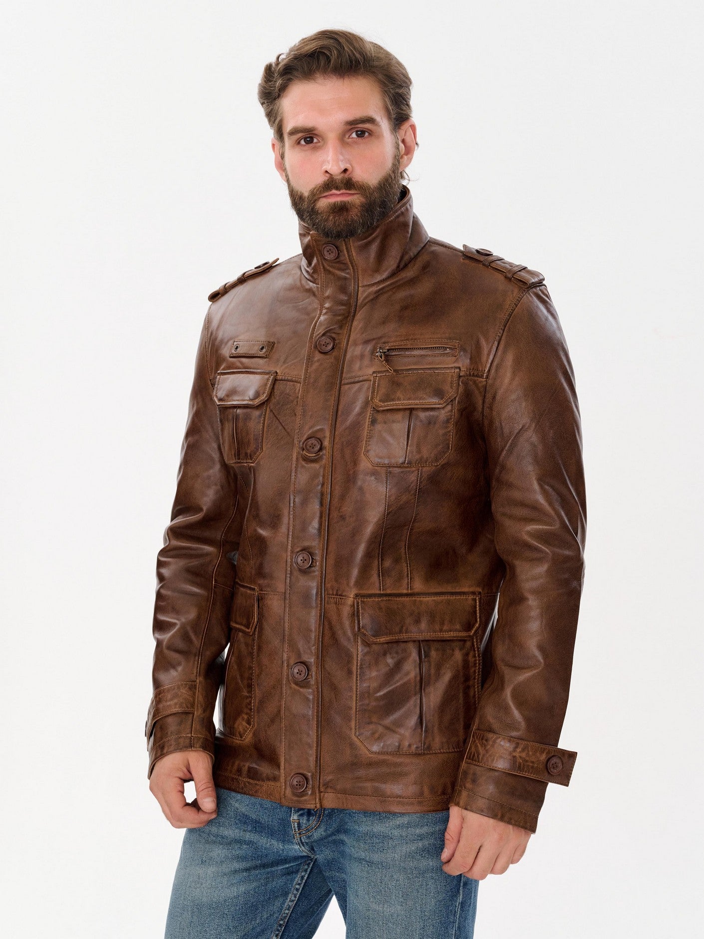 Men's long military brown leather jacket – DM Legend