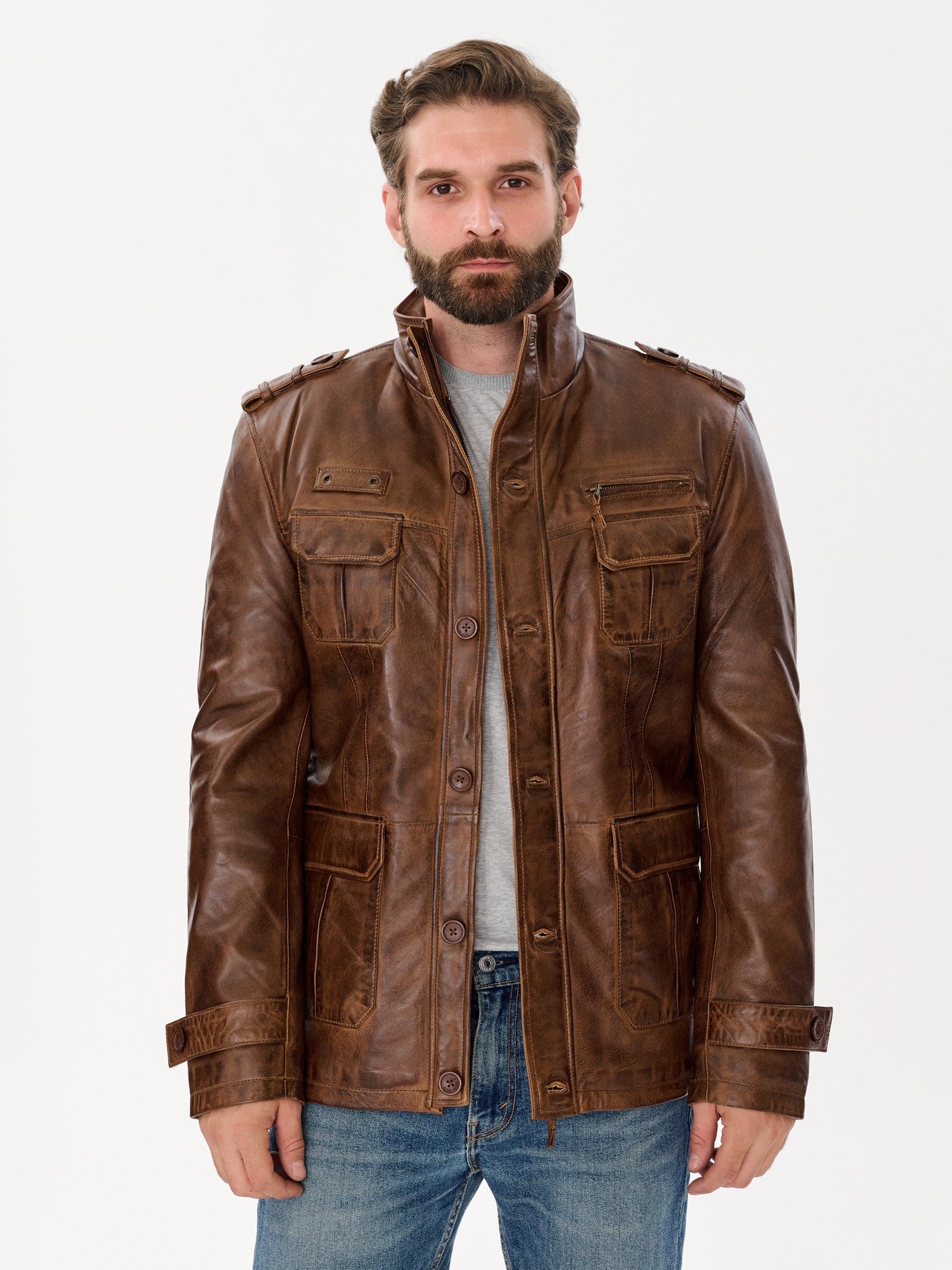 Man wearing DM Legend brown military leather jacket
