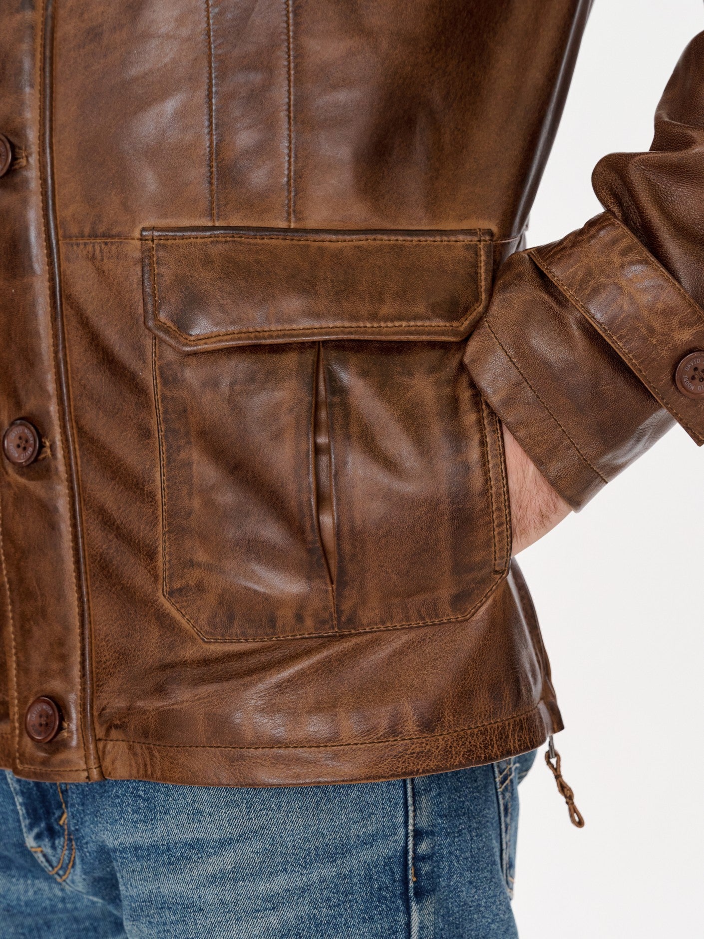 Brown military jacket welt pocket detail – DM Legend