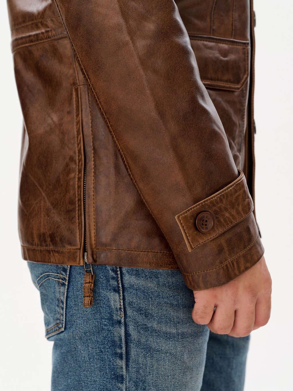 Brown military jacket cuff and button tab detail – DM Legend