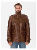 Men's long military brown leather jacket front view – DM Legend