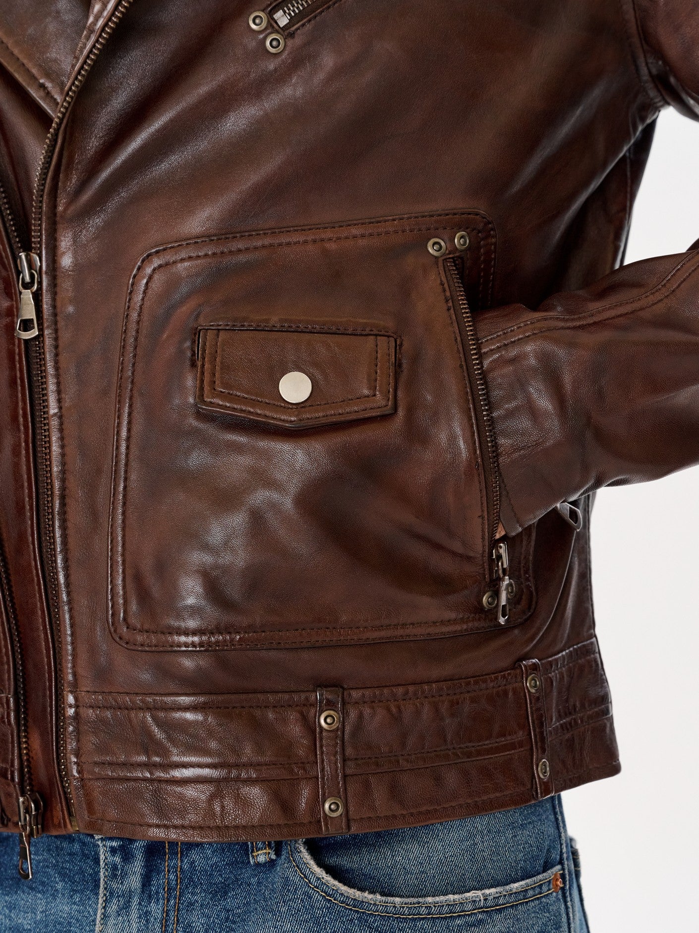 Vintage brown biker jacket collar and lapel close up – DM Legend
