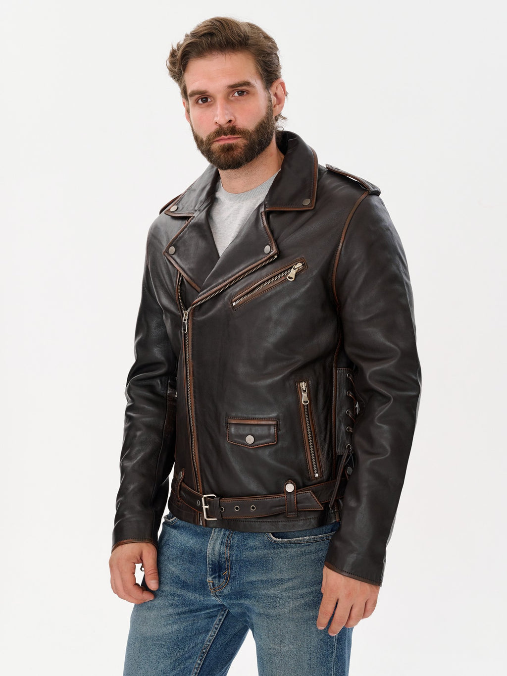 Man wearing DM Legend dark brown belted biker jacket front – DM Legend
