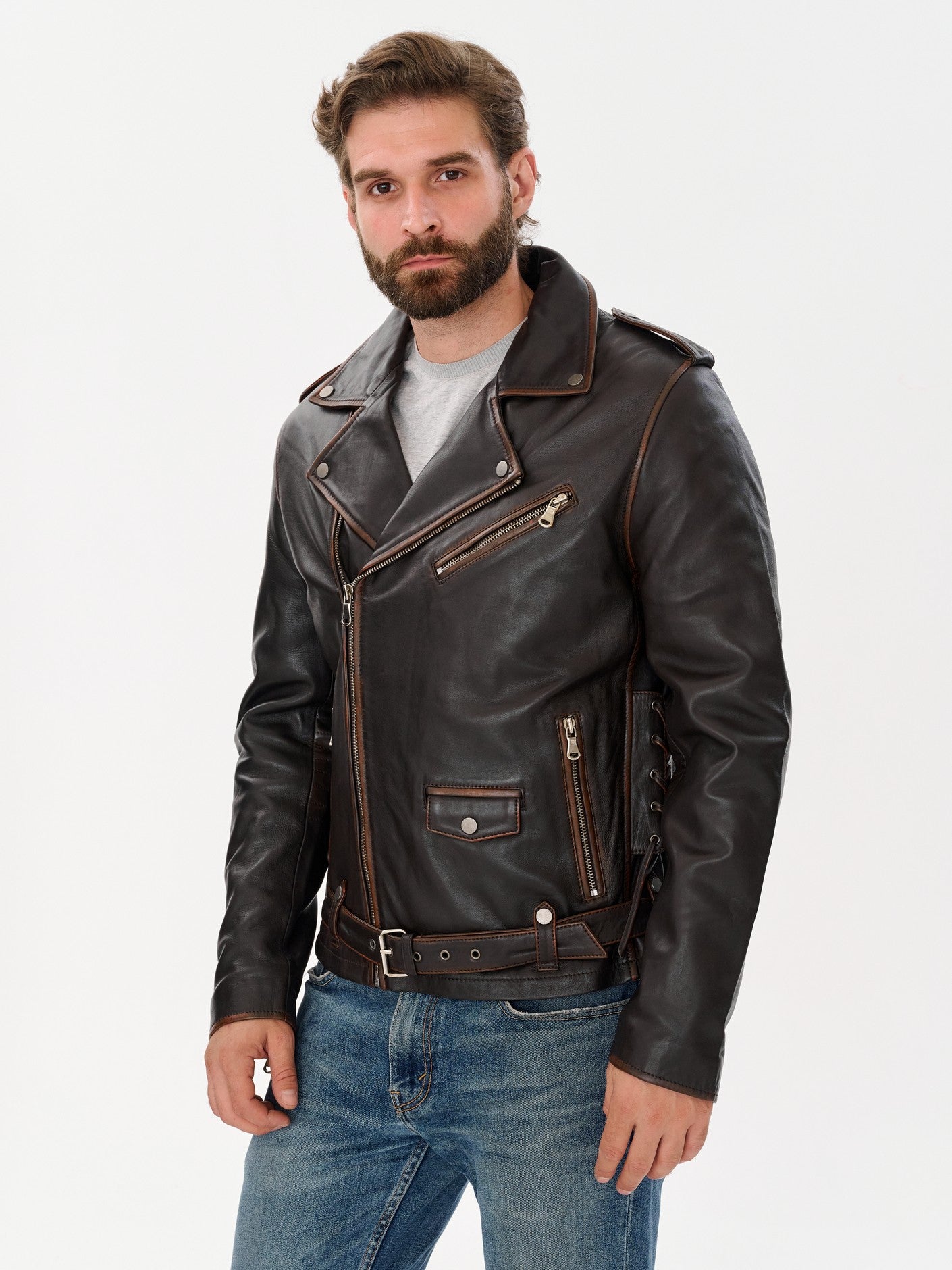 Man wearing DM Legend dark brown belted biker jacket front – DM Legend
