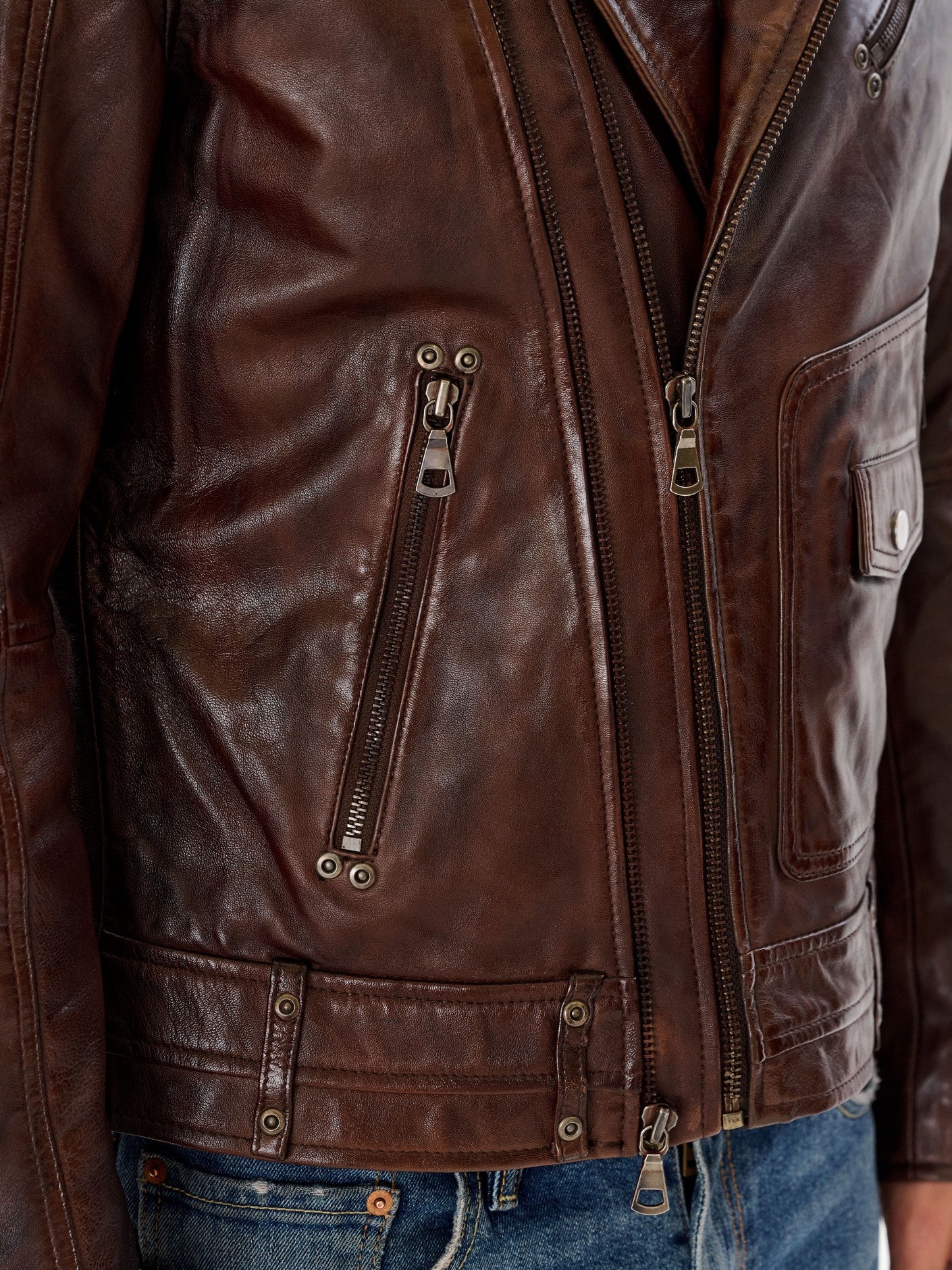 Vintage brown biker jacket front zip and hardware detail – DM Legend
