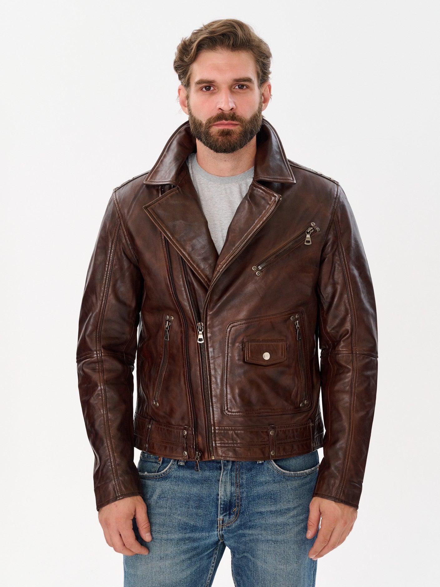 Men's biker vintage brown leather jacket front view – DM Legend