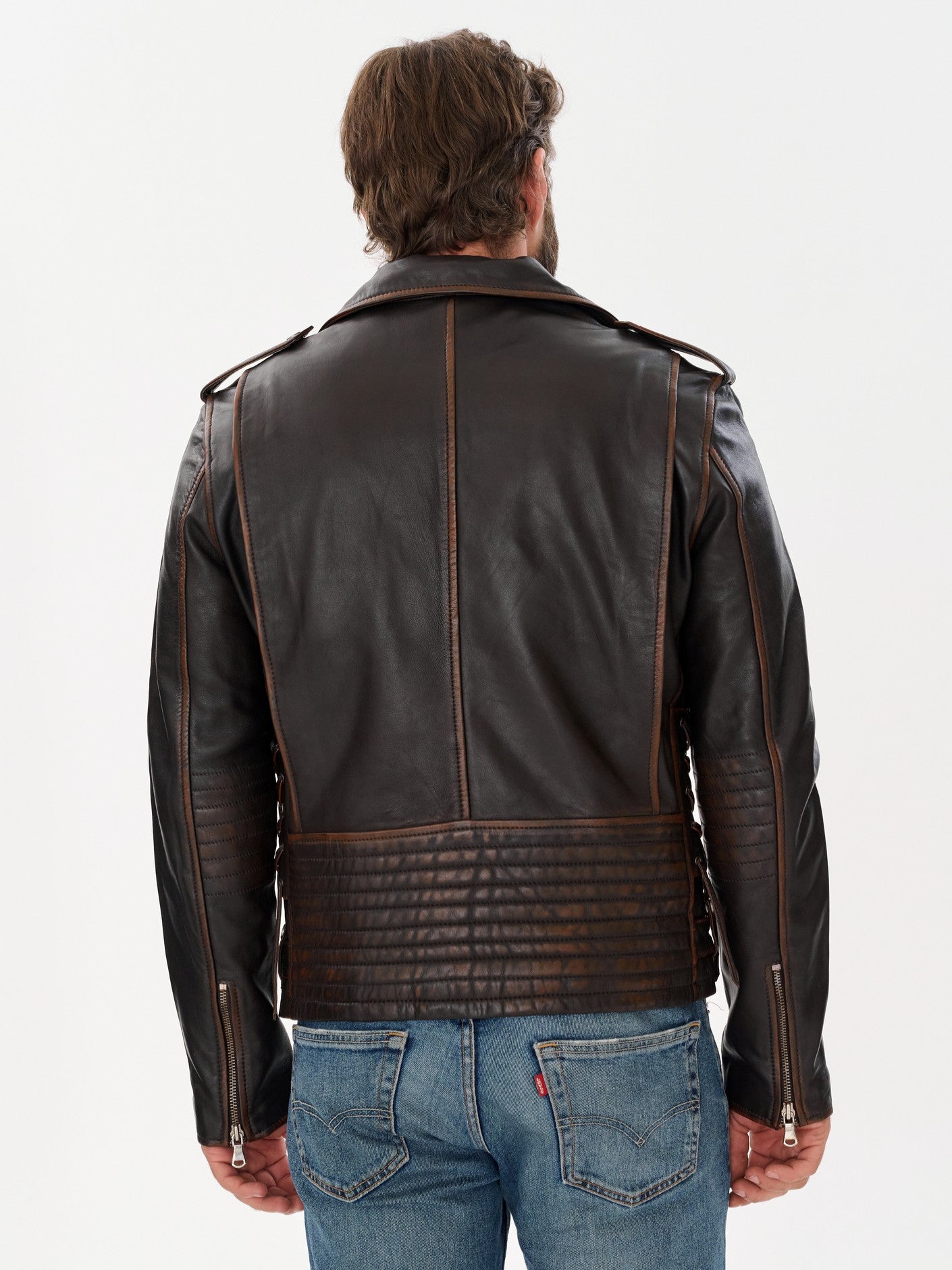 Men's belted biker dark brown leather jacket back view – DM Legend
