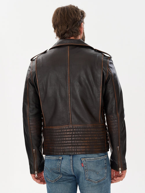 Men's belted biker dark brown leather jacket back view – DM Legend

