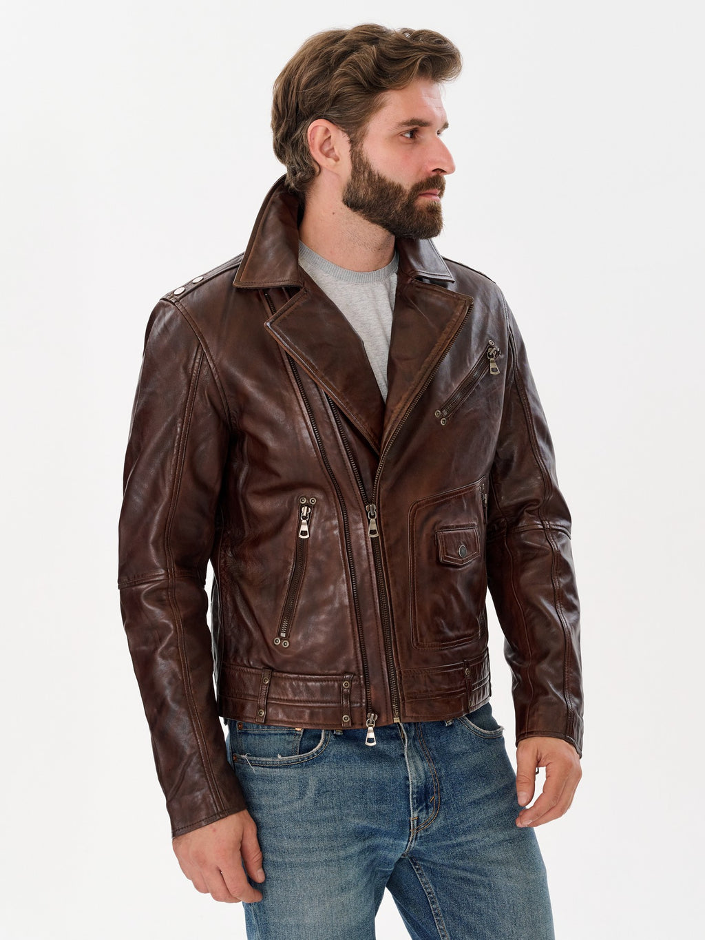 Man wearing DM Legend vintage brown biker jacket front – DM Legend
