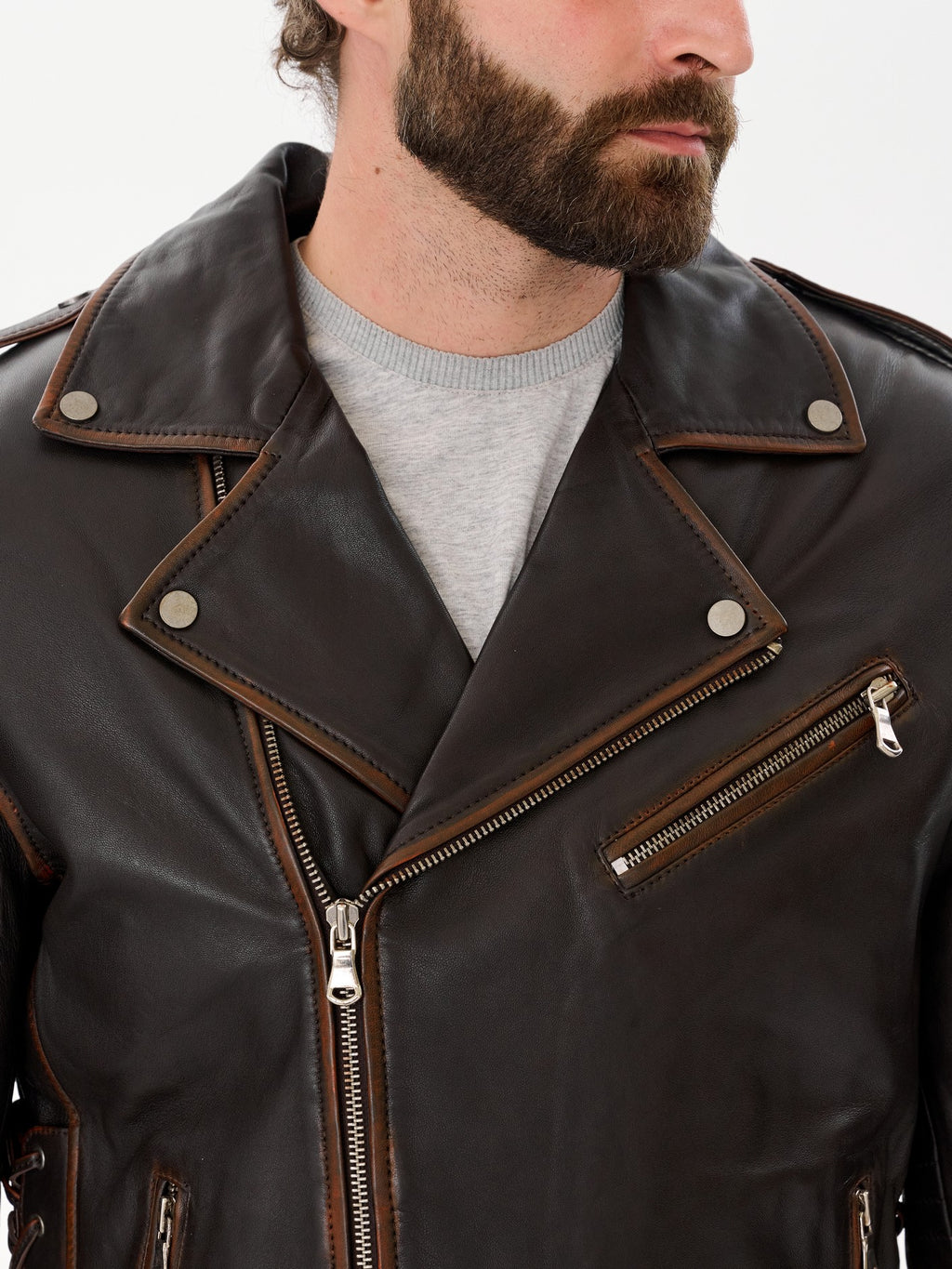 Dark brown biker jacket collar and asymmetric zip detail – DM Legend
