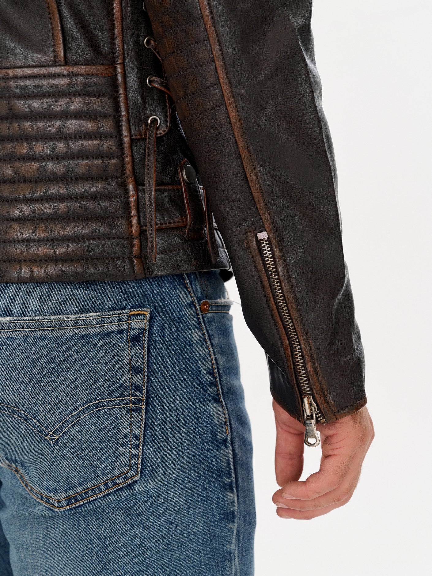 Dark brown biker jacket quilted panel and cuff detail – DM Legend
