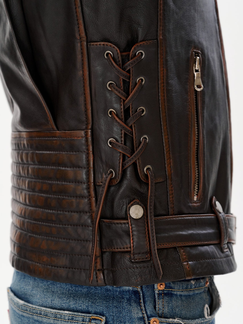 Dark brown biker jacket back lace and quilted panel detail – DM Legend
