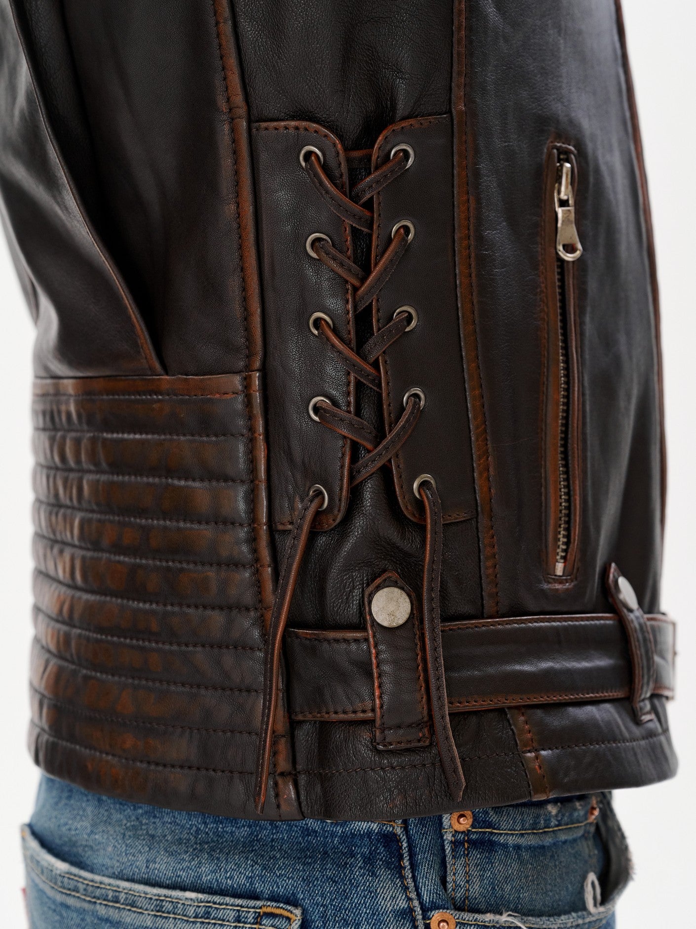 Dark brown biker jacket back lace and quilted panel detail – DM Legend
