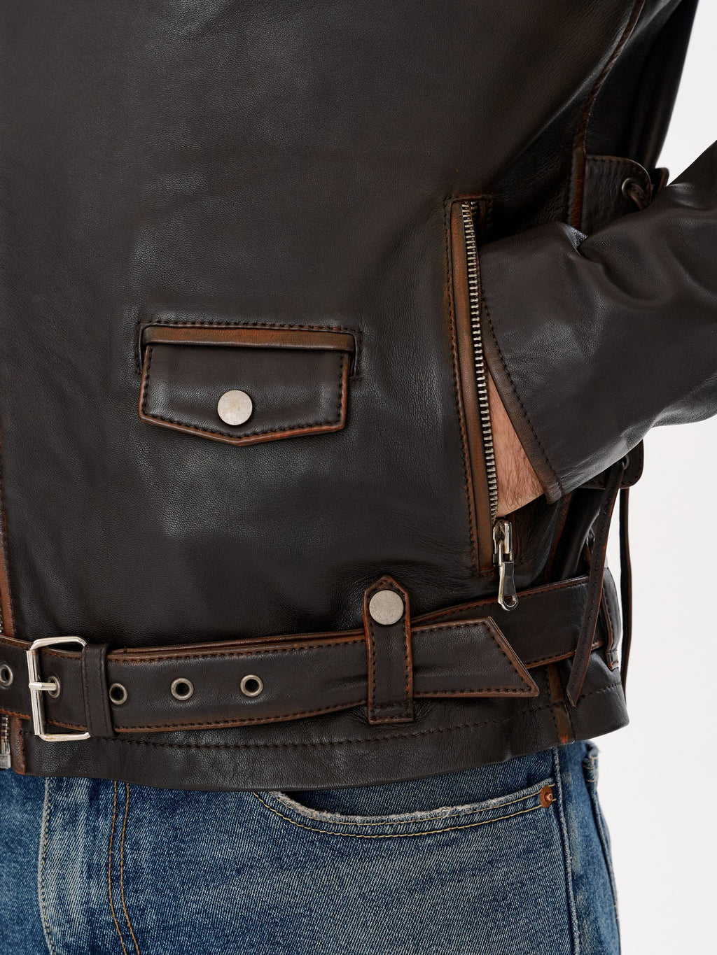 Dark brown biker jacket chest pocket and belt detail – DM Legend
