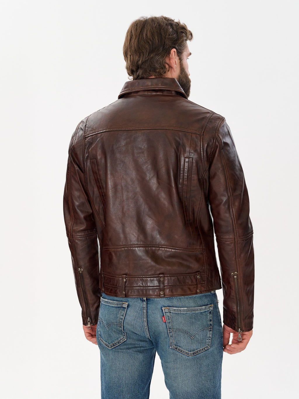 Men's biker vintage brown leather jacket back view – DM Legend