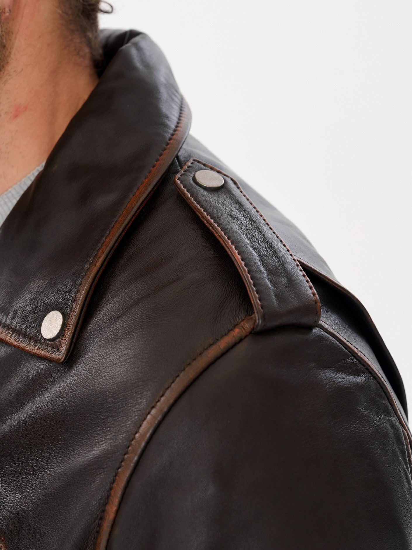 Dark brown biker jacket rub-off edge collar detail – DM Legend
