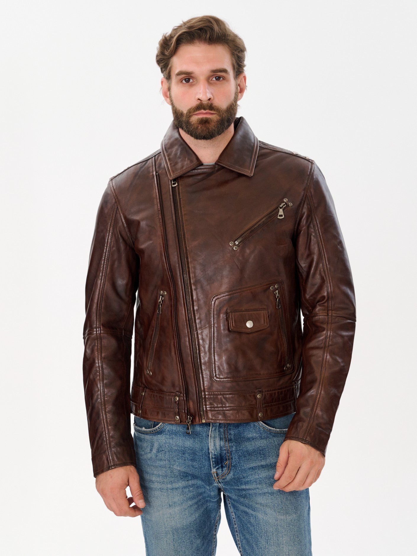Men's biker vintage brown leather jacket side view – DM Legend