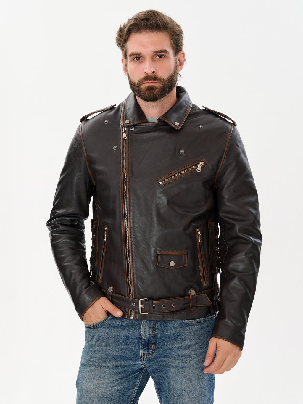 Men's belted biker dark brown leather jacket side view – DM Legend
