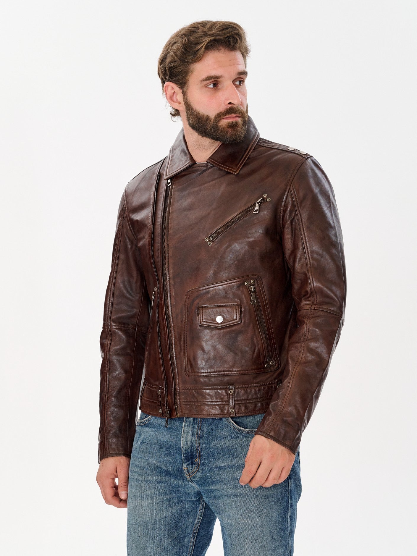 Man wearing DM Legend vintage brown biker jacket side – DM Legend
