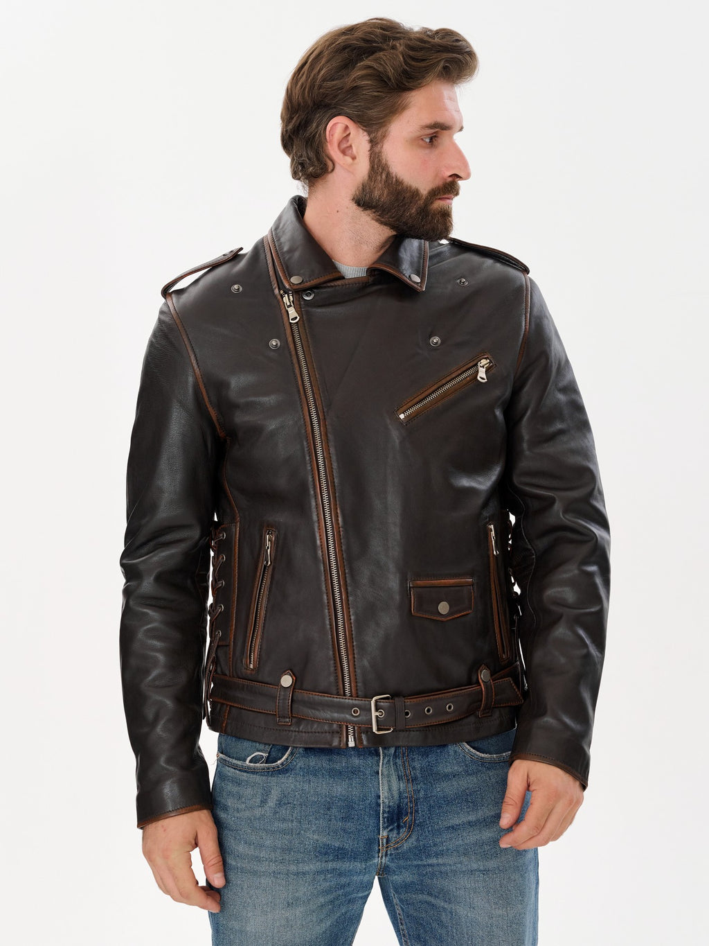 Men's belted biker dark brown leather jacket 3/4 view – DM Legend
