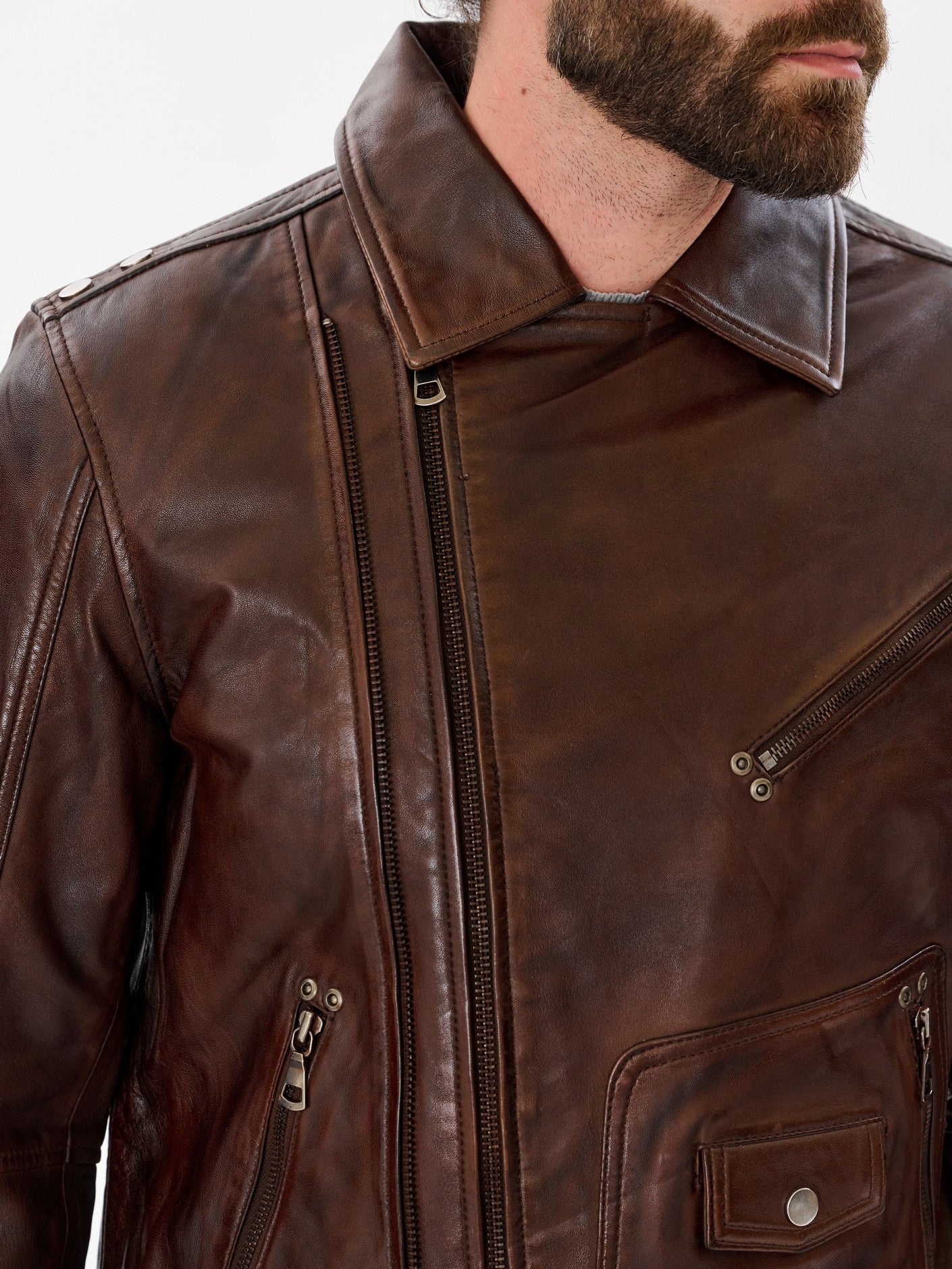 Vintage brown biker jacket chest pocket detail – DM Legend