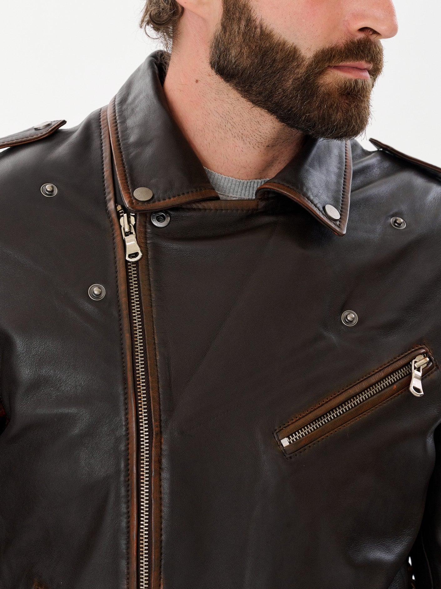 Dark brown biker jacket chest zip and snap button detail – DM Legend
