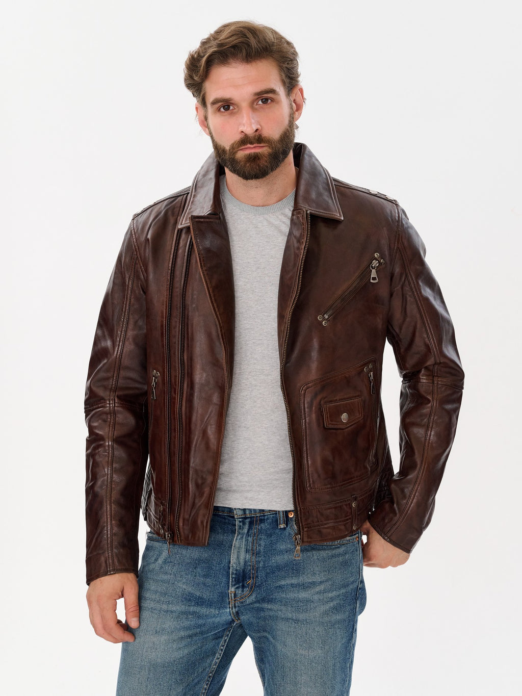 Men's biker vintage brown leather jacket 3/4 view – DM Legend