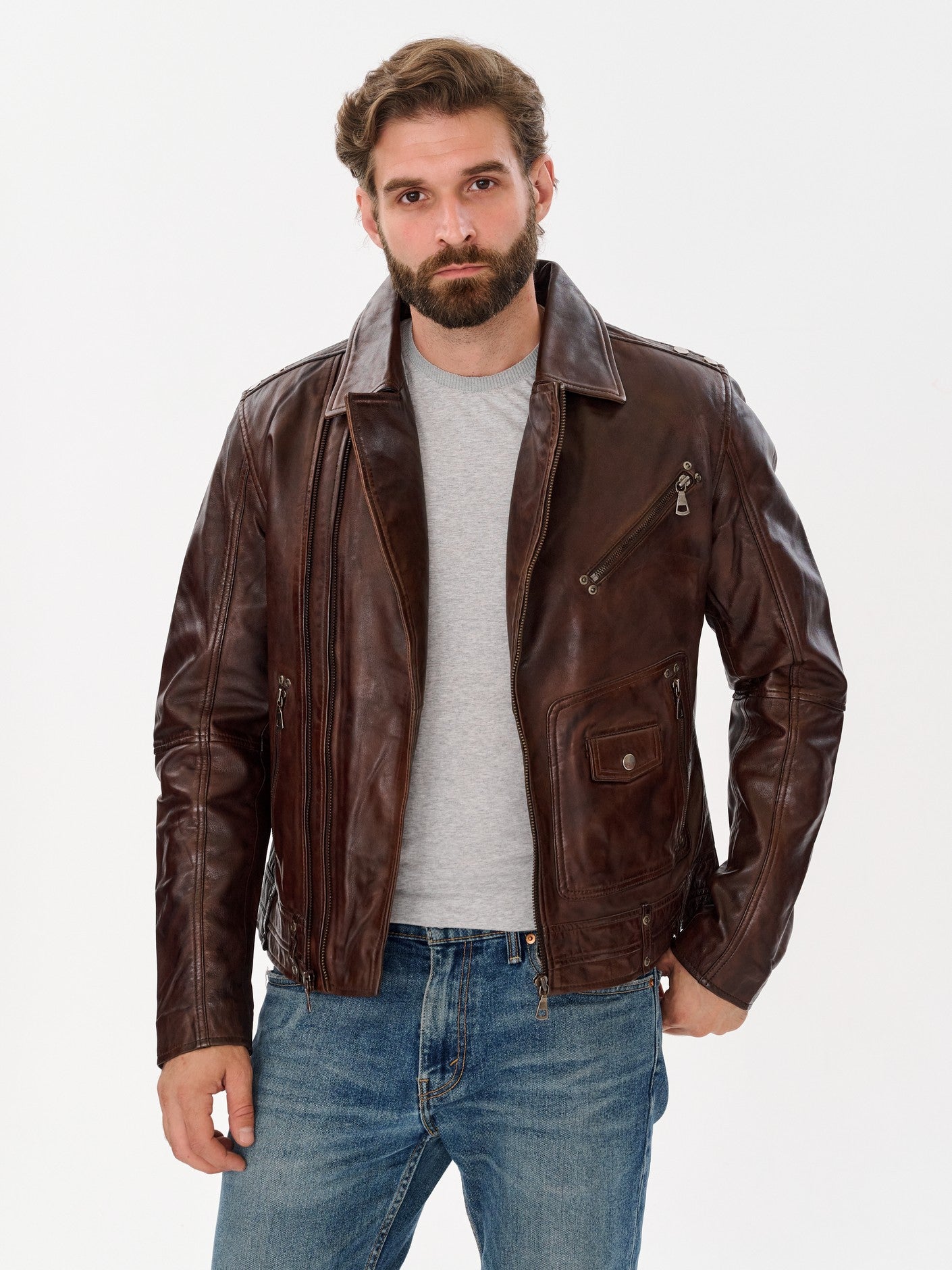 Men's biker vintage brown leather jacket 3/4 view – DM Legend