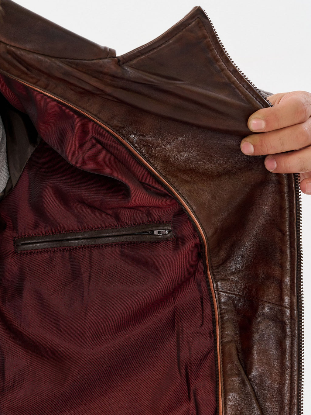 Vintage brown biker jacket burgundy lining detail – DM Legend