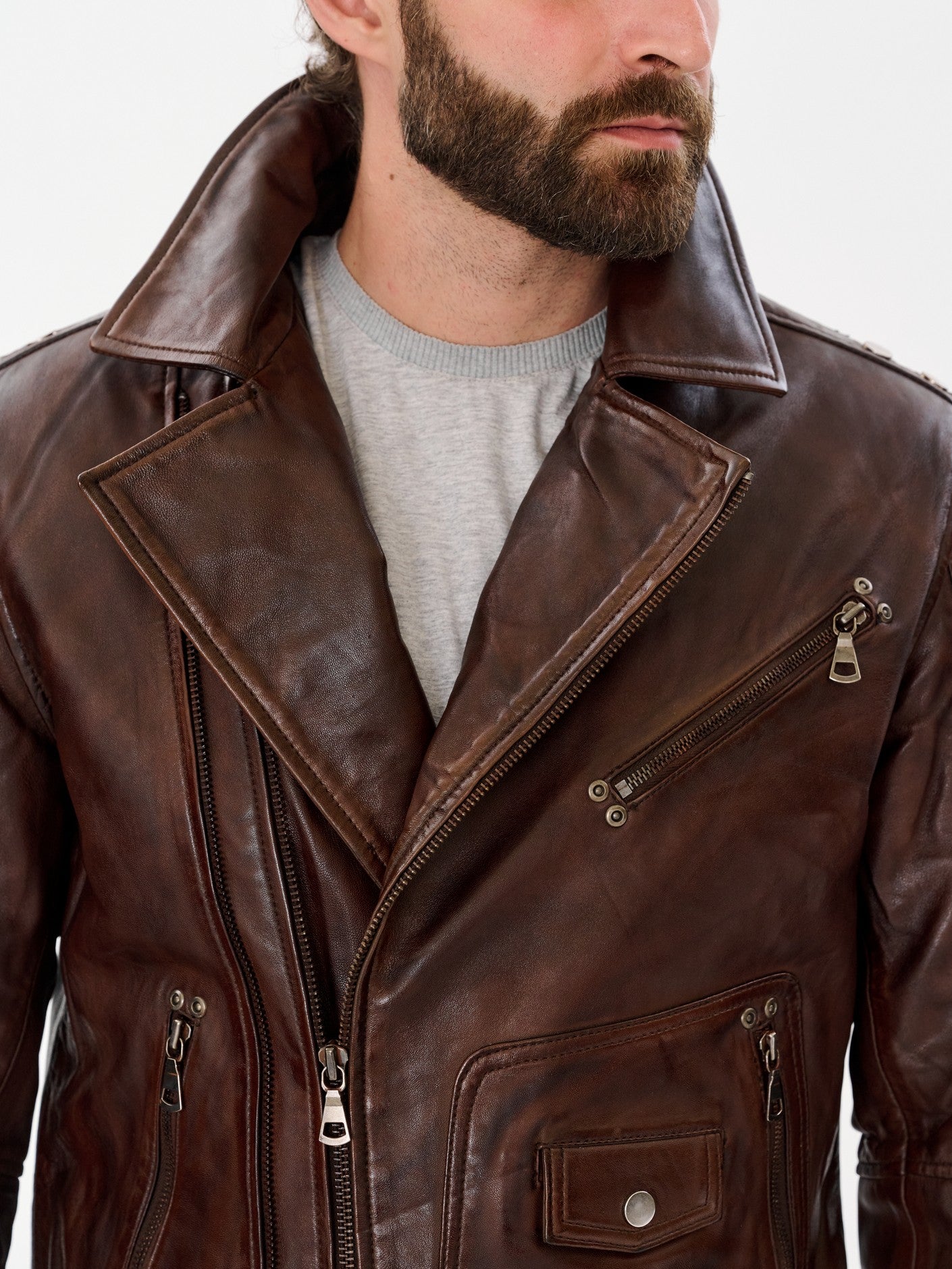 Vintage brown biker jacket asymmetric zip detail – DM Legend
