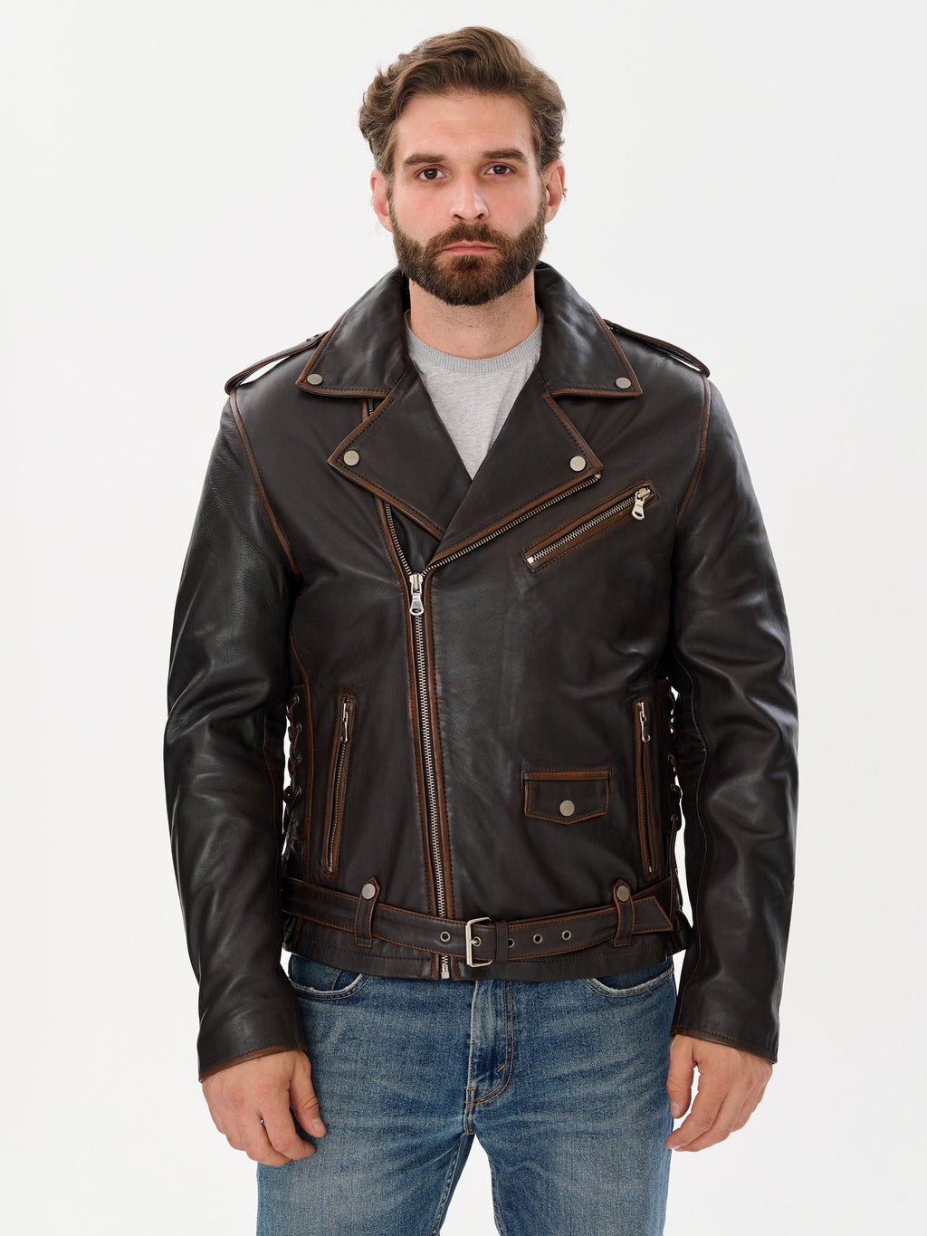 Men's belted biker dark brown leather jacket front view – DM Legend
