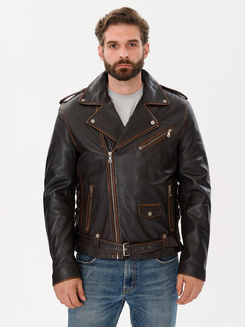 Men's belted biker dark brown leather jacket front view – DM Legend
