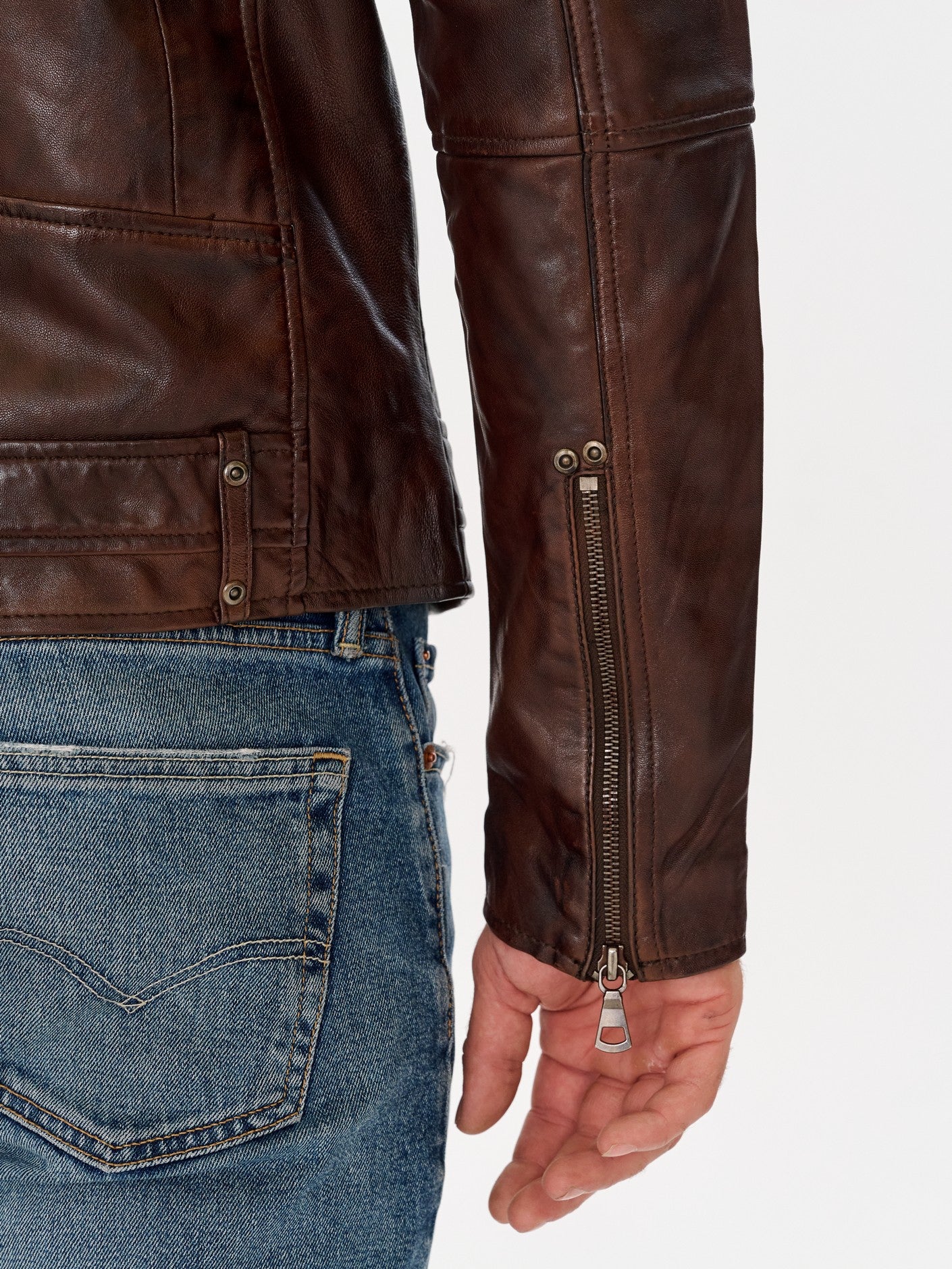 Vintage brown biker jacket hem and cuff zip detail – DM Legend
