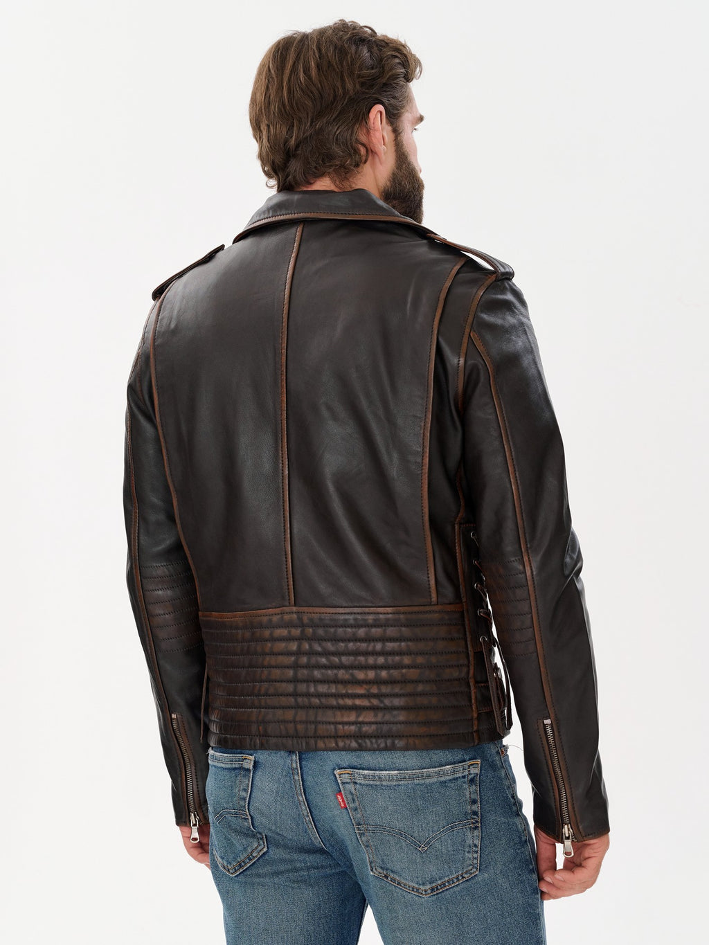 Man wearing DM Legend dark brown belted biker jacket side – DM Legend
