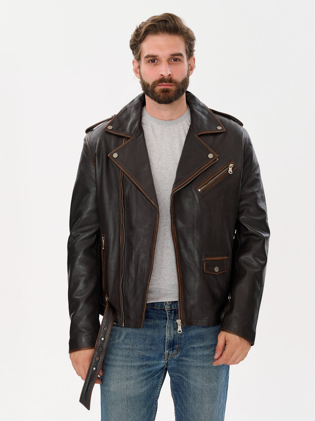 Man wearing DM Legend dark brown belted biker jacket lifestyle – DM Legend
