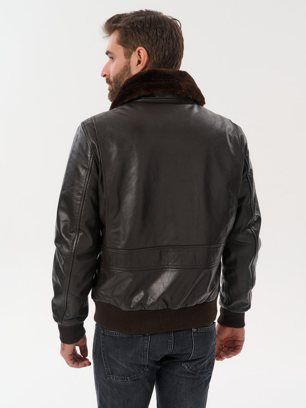 Men's pilot bomber dark brown leather jacket back view – DM Legend
