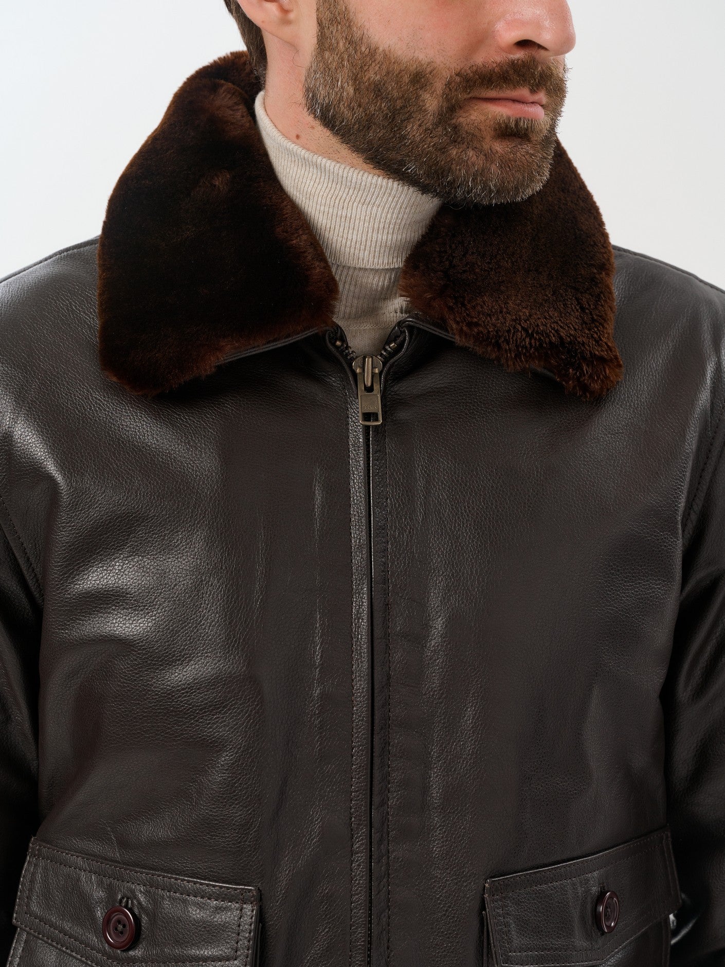 Dark brown bomber jacket shearling collar close up – DM Legend
