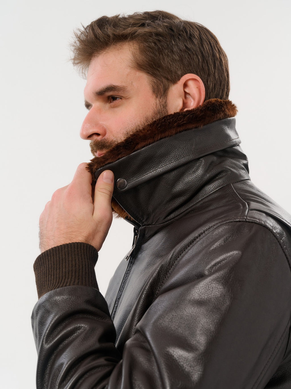 Dark brown bomber jacket removable shearling collar detail – DM Legend
