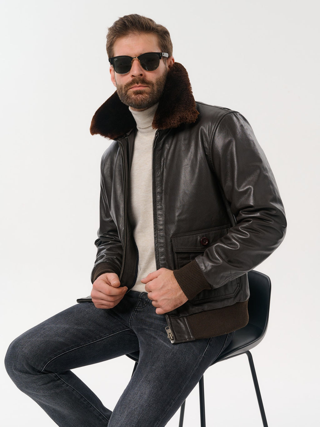 Man wearing DM Legend dark brown pilot bomber jacket lifestyle – DM Legend
