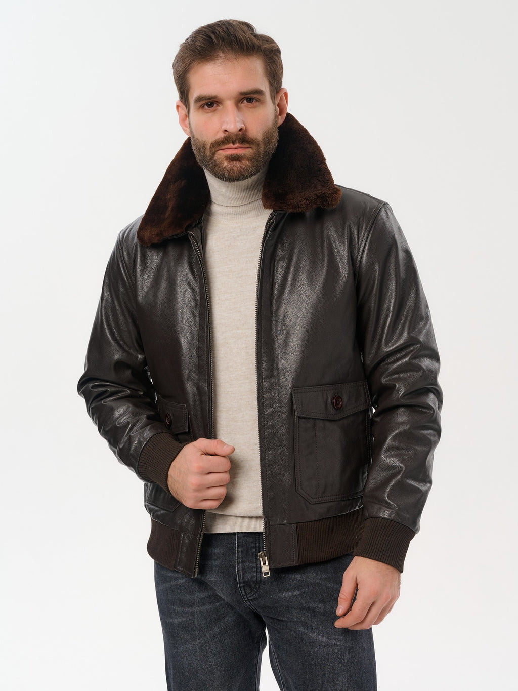Men's pilot bomber dark brown leather jacket open front view – DM Legend
