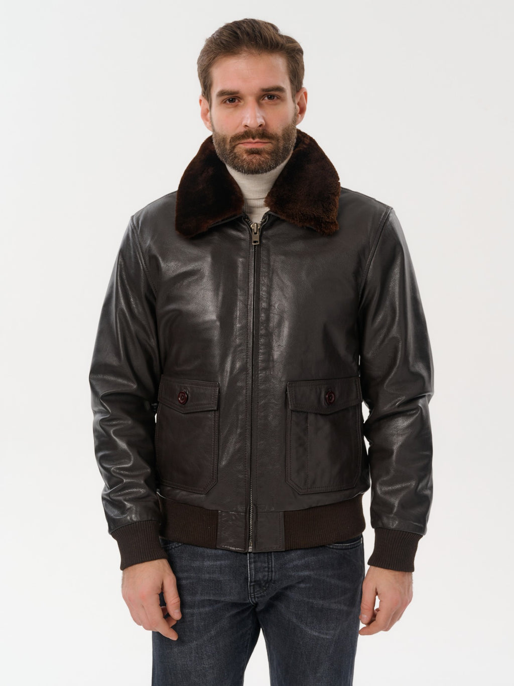 Men's pilot bomber dark brown leather jacket front view – DM Legend
