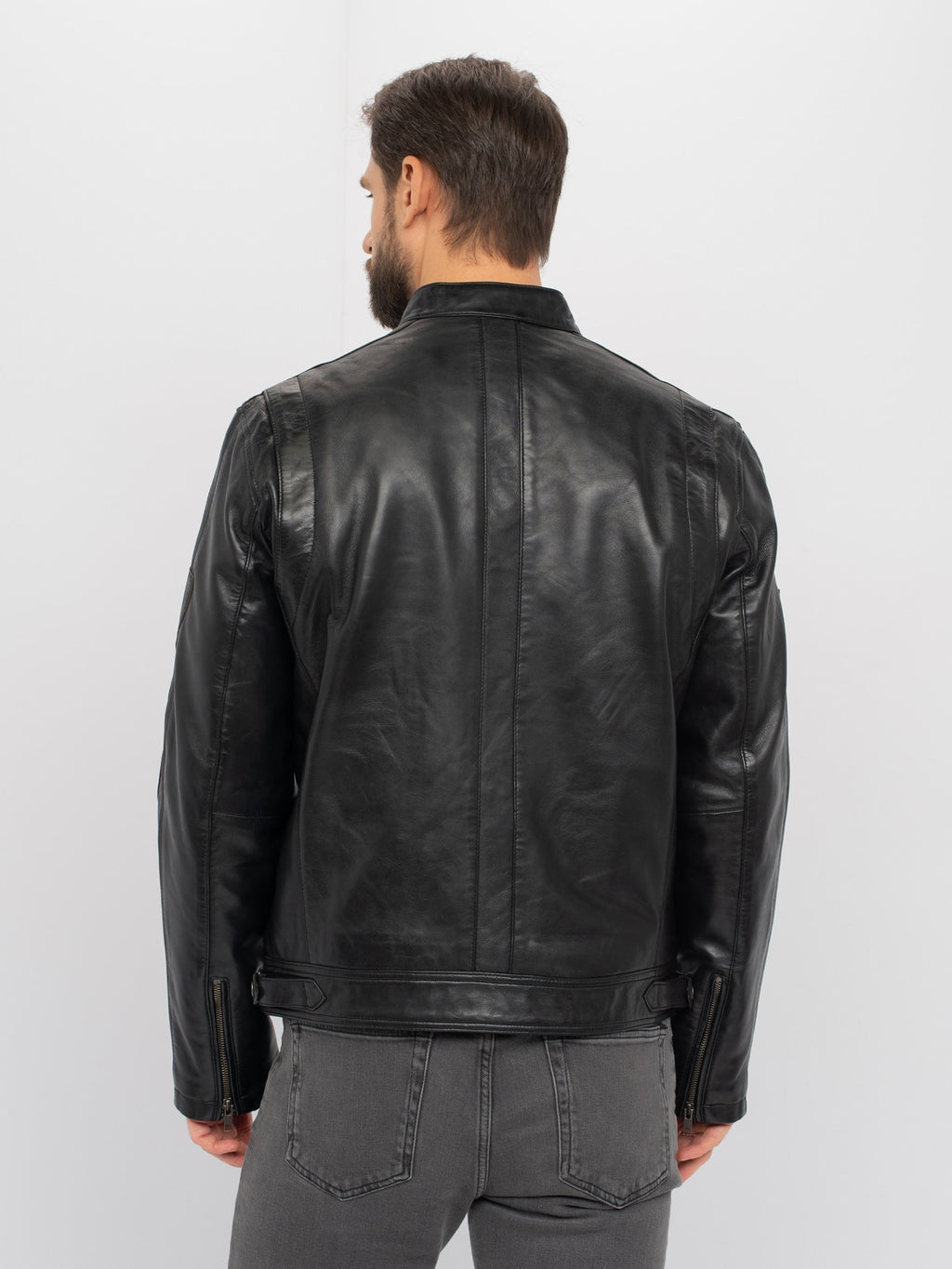 Men's vintage moto black leather jacket back view – DM Legend