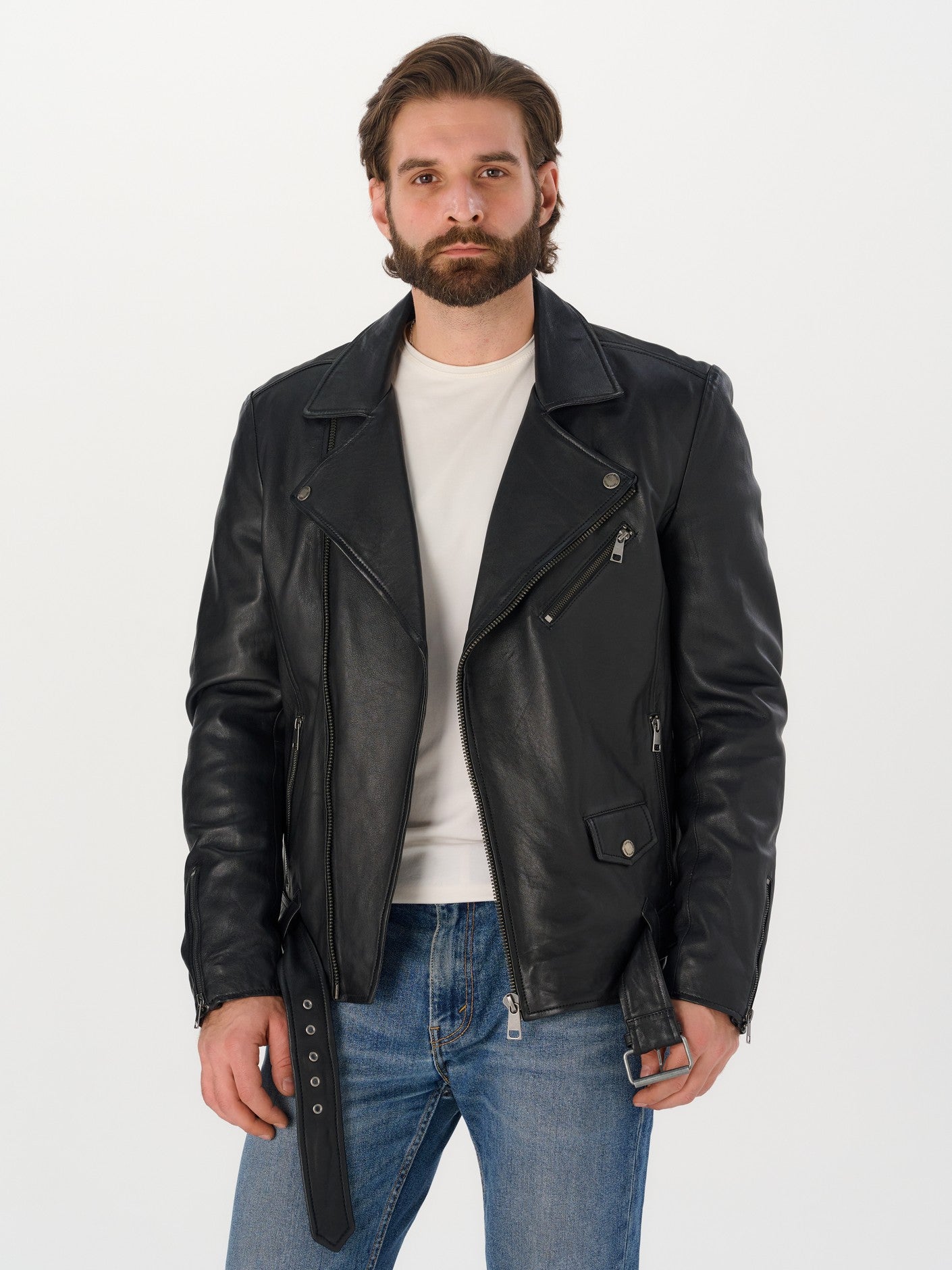 Man wearing DM Legend black belted biker leather jacket front – DM Legend