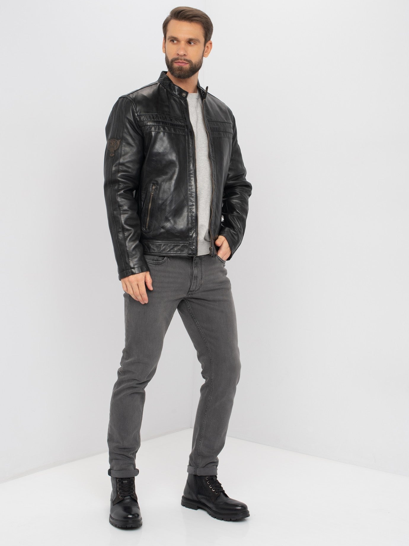 Men's vintage moto black leather jacket full length side view – DM Legend