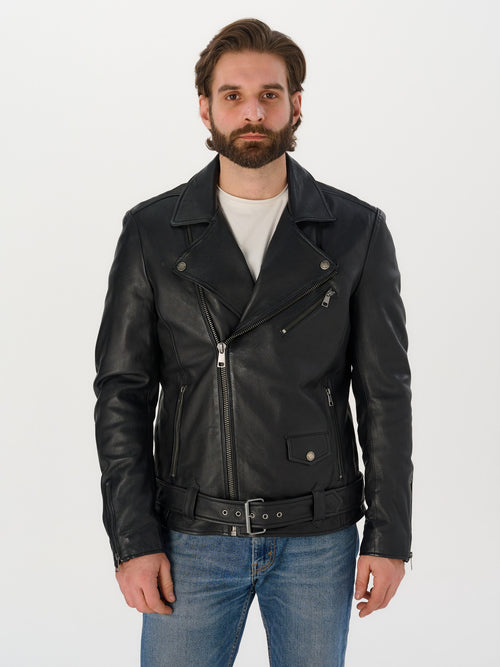 Men's belted biker black leather jacket front view – DM Legend