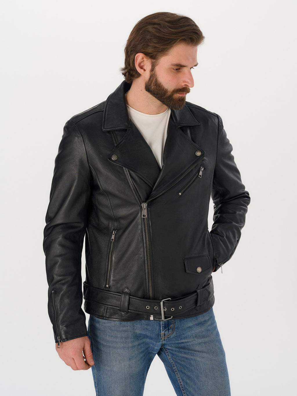 Man wearing DM Legend black belted biker leather jacket side – DM Legend